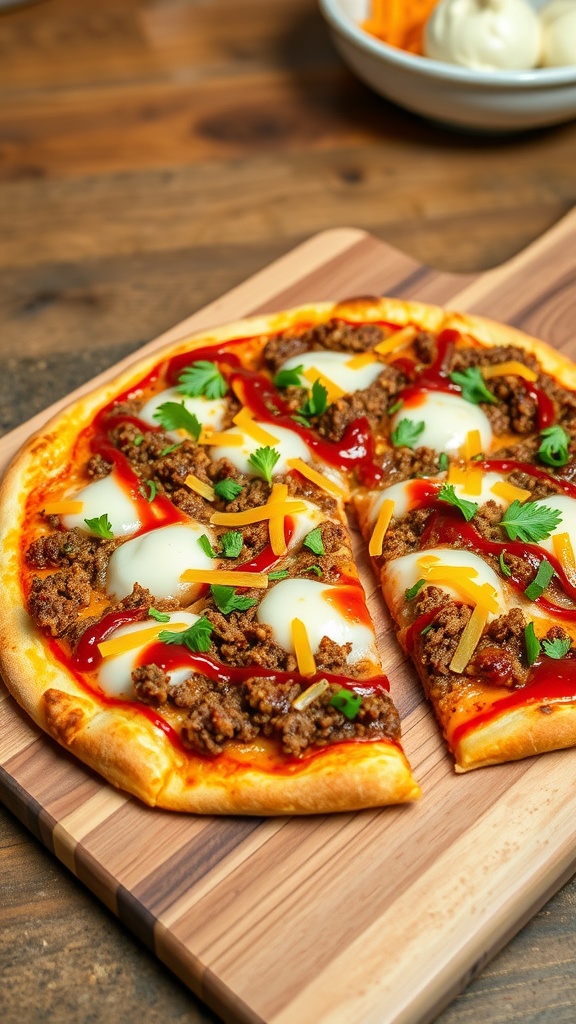 A delicious chopped beef pizza with a golden crust, topped with ground beef, cheese, and barbecue sauce, on a wooden cutting board.